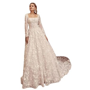 White Square Neck Ball Gown Wedding Dress With Train Vintage Style Long Sleeve Lace A Line Bridal Gown - Product Image 3