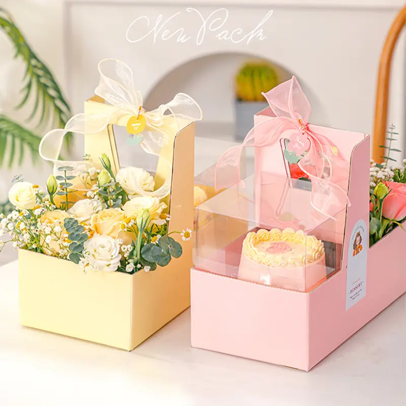 Boîte d'emballage décoratif de fleurs de taille personnalisée boîte de fantaisie recyclable portable transparente jaune fleur gâteau