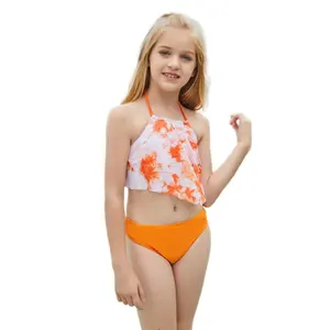 도매 2022 새로운 스타일 레이스 고삐 목 인쇄 프릴 어린이 수영복 소녀 수영복