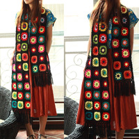 Femmes Dames Hiver Ethnique Vintage Handmade Floral Daisy Crochet Scarf Flowers Pattern Knitted Shawl with Tassels