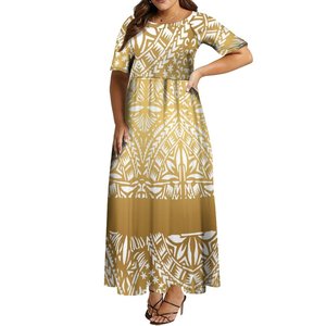 Hot Sales Pacific Island Kleid Custom Samoa Polynesian Tribal Maxi kleid Rundhals ausschnitt Lange Freizeit kleider Plus Size Damen bekleidung