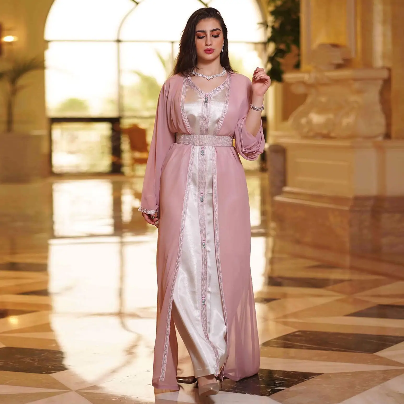 Gaun Wanita Panjang Kardigan Satin Renda Sifon, Set Gaun 2 Potong Lengan Panjang Timur Tengah Musim Gugur dan Musim Dingin