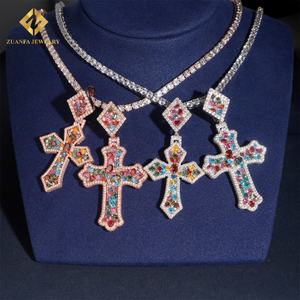 Colgante de Cruz con Incrustaciones de Diamantes de Colores, Estilo Hip Hop, Personalizado, Unisex, Nuevo, Plata 925, Moissanita VVS - Product Image 1