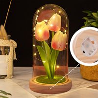 Tulipán Artificial Iluminado en Cúpula de Cristal, Girasoles Artificiales en Cúpula de Cristal con Tira de LED, Rosa Preservada en Cúpula de Cristal
