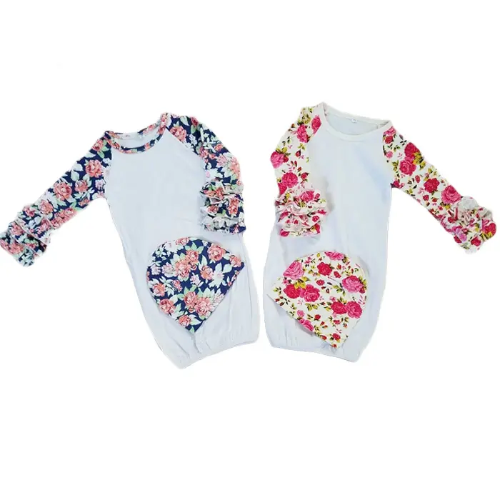 Großhandel kinder Boutique Kleidung Kleinkind Baby Taufe Kleid Floral Langarm Icing Rüsche Raglan Baby Kleid Und Hut Set