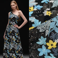 Tissu en maille respirant en polyester brodé floral, perlé et à sequins pour vêtements, manteaux/vestes, et tenues de danse