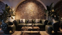 Konsep Interior Bar Industrial, Desain Counter Bar Komersial Metalik, Sofa Kulit Vintage untuk Lounge, Desain Bar Klasik