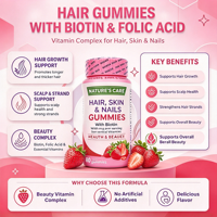 Gummies Cheveux, Peau et Ongles avec Biotine et Acide Folique, 80 Gummies, Saveur Fraise, pour Femmes, OEM, Marque Privée, Vente en Gros