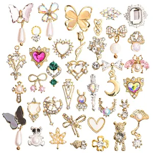 50pcs 3D Mixed Style Alloy Butterfly Heart Bowknot Nail Art Dangle Rhinestones Charms Jewelry Pendant Tassel Nail Art Dangle