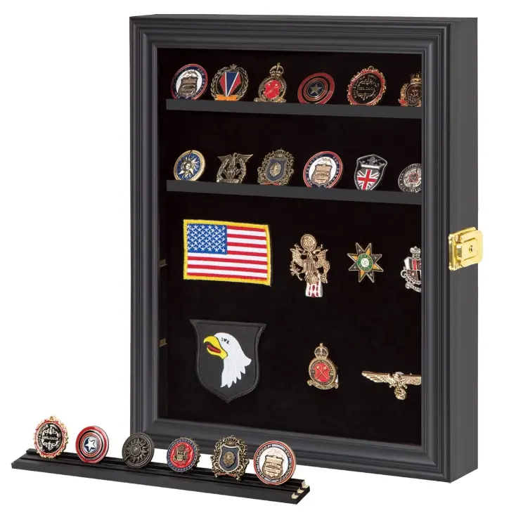 Custom Wooden Medals Display Case Military Challenge Coin Display Shadow Box Pin Display Cabinet with Removable Shelves
