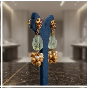 Pendientes de Oro Fino de 22K con Piedras Preciosas y Racimo de Perlas, Joyería de Lujo Hecha a Mano para Mujer, Pendientes de Flores Vintage - Product Image 5