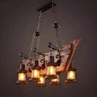 Luminaire suspendu en bois de style bateau antique pour bar, 6 ampoules, finition naturelle
