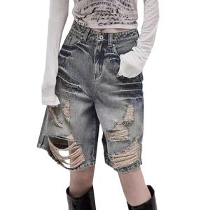 Novedades: Shorts de mezclilla unisex de estilo retro, lavados, desgastados, de pierna recta, holgados, casuales y de cintura alta con rotos para hombre. - Product Image 6