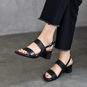 Sandalias para mujer, tacones gruesos de verano, de cuero genuino, con punta abierta, tacones altos, elegantes, con hebillas ajustables, zapatos cómodos para mujer - Product Image 4