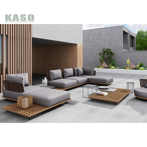 Set furnitur aluminium mewah, kursi santai kayu Pe rotan kayu Sofa taman luar ruangan