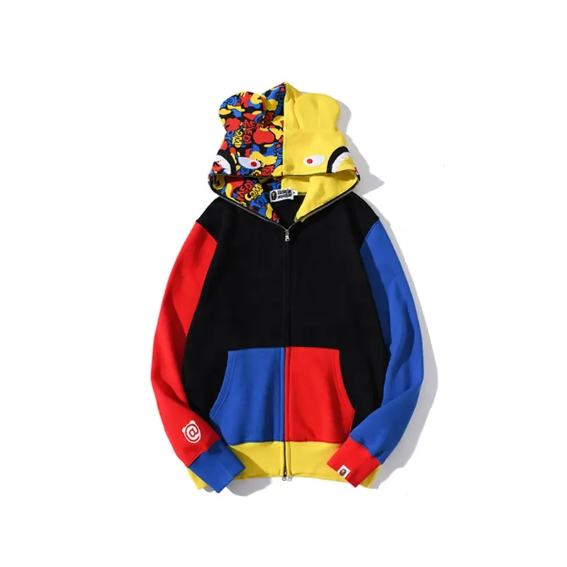 2020 new fashion bape shark head violent bear cooperation red blue yellow color matching hooded cardigan sweater for men and wom