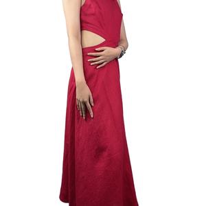 Elegante Vestido Largo Rojo de Lino con Cuello Redondo y Cintura Recortada para Mujer, Ideal para Fiestas y Uso Casual - Product Image 6