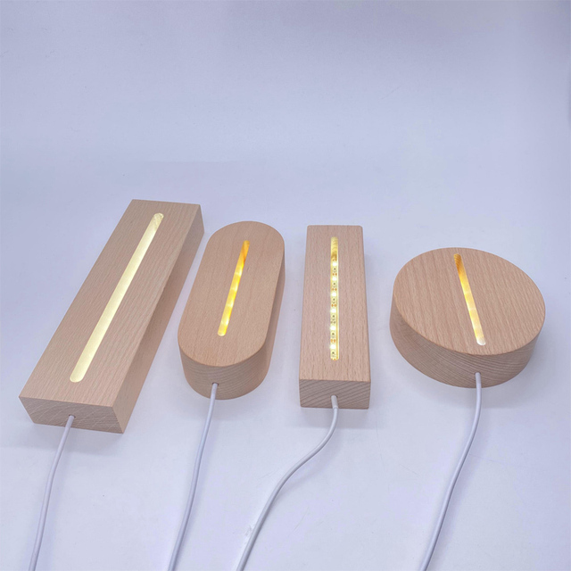 USB 3D Acrylic Plexiglass Night Lamps 5MM Wooden LED Base Warm White/Cold RGB Colored Lights Touch DIY Night Light for Room Use