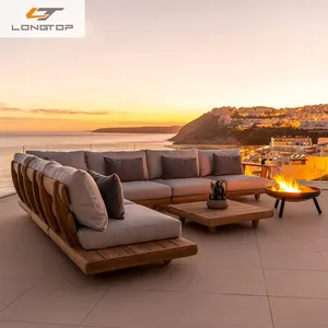 Açık su geçirmez tik kanepe veranda seti kombinasyonu eğlence Villa su geçirmez güneş koruma sağlam ahşap kanepe bahçe mobilyaları