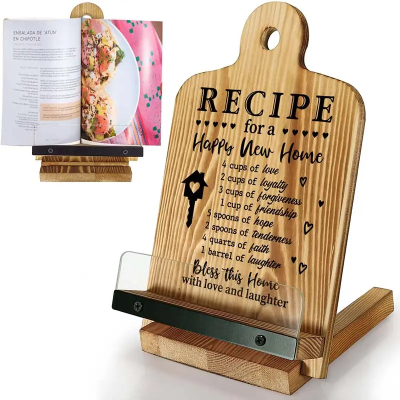 wooden book stand for Kitchen Counter Adjustable Tablet Recipe Book Holder Rustic Cutting Board Style wooden book stand