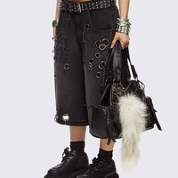 MZN Short en jean baggy noir délavé pour homme, longueur genou, avec décoration chaîne à œillets style punk, logo personnalisé