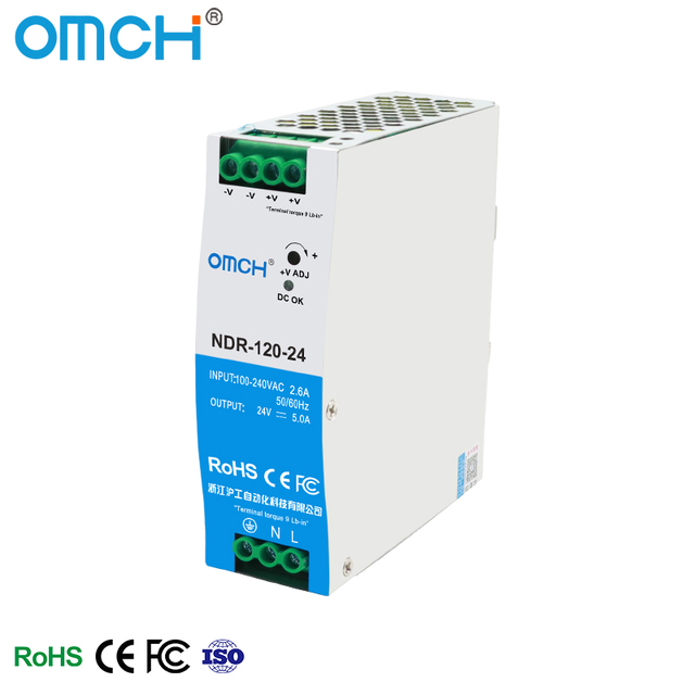 OMCH NDR-120 120W 220V 24V 88% Efficiency 10A Single Output SMPS Industrial Inverter AC-DC Din Rail Switching Power Supply