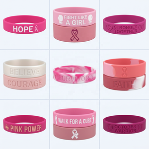 Pulsera de silicona personalizada con lazo rosa para concienciación sobre el cáncer, grabada en relieve y con relleno de color, sin BPA, paquete de 500 unidades para la caminata benéfica de octubre - Product Image 1