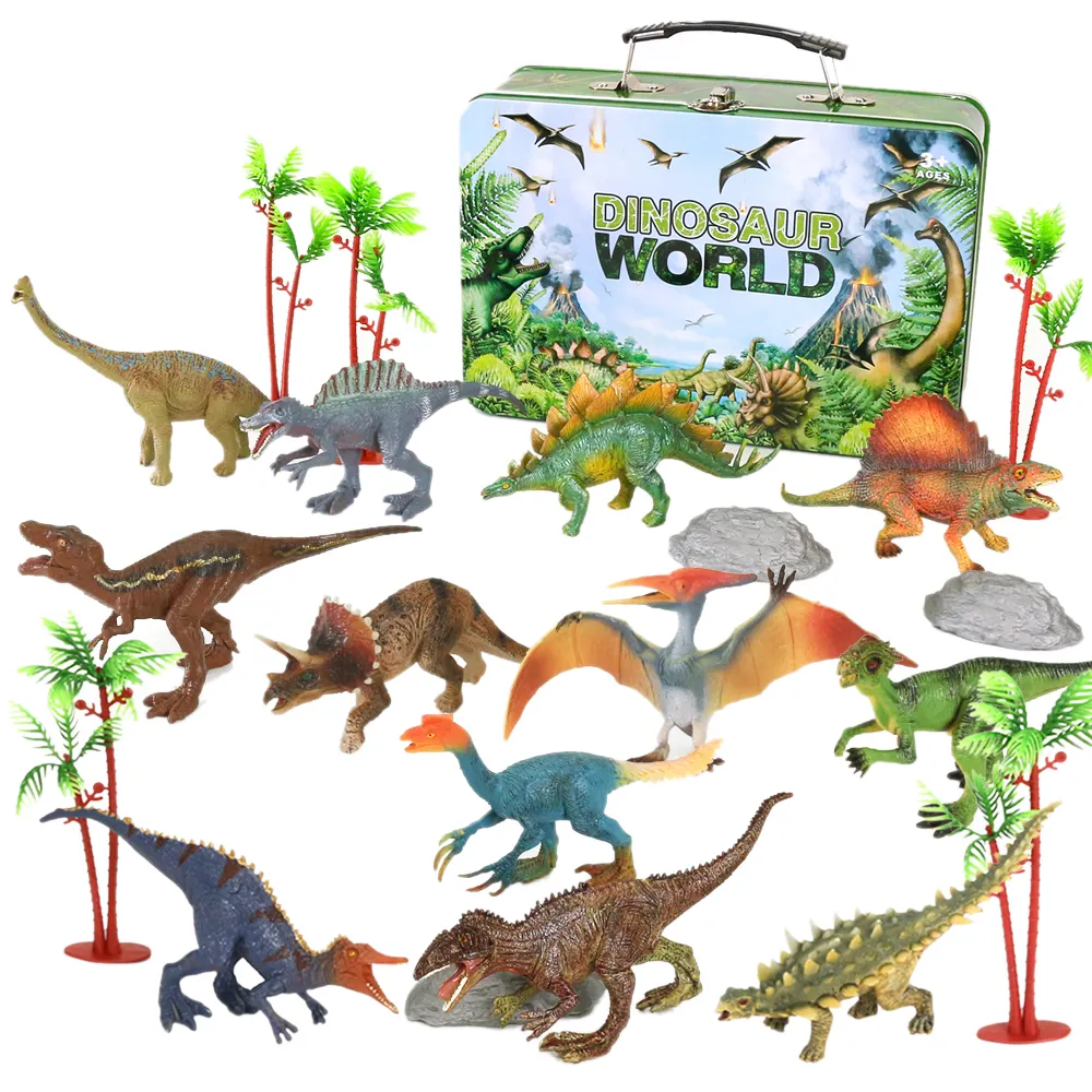 गर्म 2023 dinosaurio juguetes 12pcs मिश्रित बच्चों उपहार ठोस 7 'में पीवीसी प्लास्टिक डायनासोर खिलौना टिन पोर्टेबल बॉक्स