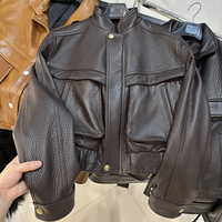 Veste en cuir véritable à col montant surdimensionné pour femme, veste bomber courte en daim véritable, automne
