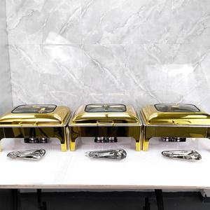 Set di Chafing Dish Rotondi Dorati in Acciaio Inox con Coperchio in Vetro e Metallo, Attrezzatura da Catering per Buffet a Uso Alberghiero - Product Image 5
