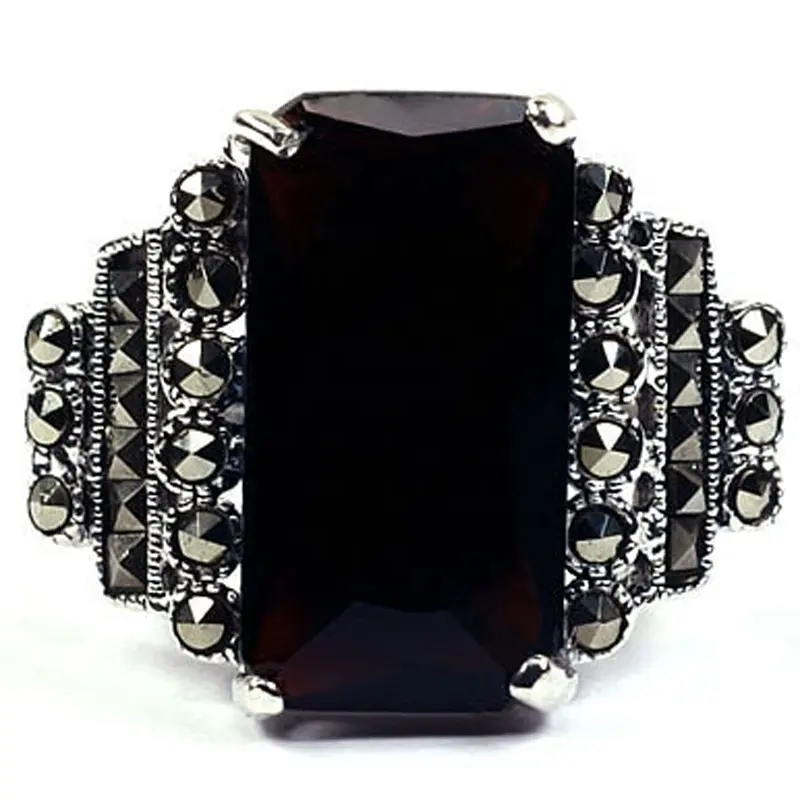 RKP-0994 Marcassite argent anneaux 925 argent grande pierre noire bague antique