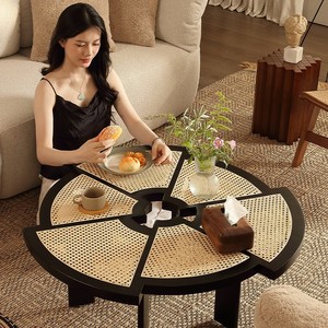 Rushan Furniture Japanese Style Round Solid Wood <b>Coffee</b> <b>Table</b> Rattan Top <b>Walnut</b> Color Living Room Bedroom Use - Product Image 4