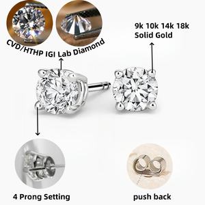 Diamants de laboratoire certifiés IGI HPHT CVD, créés en laboratoire, en or massif 14k 18k, boucles d'oreilles à 4 griffes, clous de laboratoire, <span class=keywords><strong>1</strong></span>, 2, 3 carats - Product Image 2
