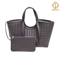 Sac fourre-tout tressé en cuir de vachette pour femme, avec doubles poignées, bandoulière amovible, pochette zippée, durable et portable