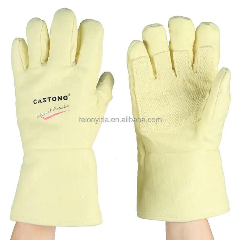 Lager CASTONG verstärktes gelbes Para-Aramid-Felt 500 Grad industrielle hitzebeständige Handschuhe für Metallgießen und Extrusion