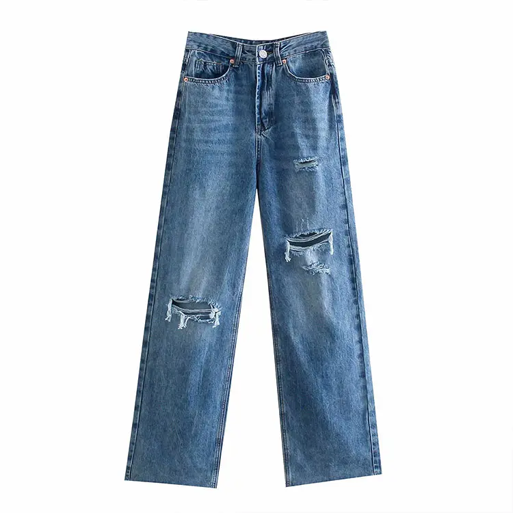 BMURHMZA2021 осенние новые женские модные Универсальные однотонные джинсы на одной пуговице с дырками и широкими штанинами