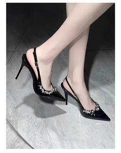Haute qualité femmes Sexy fête mince pointu strass en cuir verni Slingback à lanières à la mode talons hauts marque chaussures pour femmes - Product Image 2