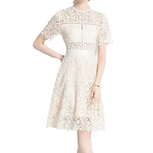 Elegant Ladies Cotton Lace Dresses Summer Short Sleeve Ivory Floral Lace Dresses