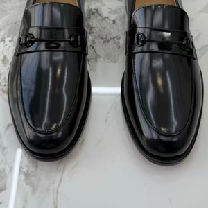 Black Genuine Leather Loafers <b>Round</b> Toe Slip-On <b>Cushioned</b> Office Career Men's Solid Color All Seasons Rubber Outsole - Product Image 2