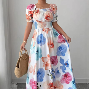 Robe longue femme à imprimé floral coloré, manches bouffantes, col carré, taille naturelle, écologique, pour l'été, la plage, les fêtes et les vacances - Product Image 1