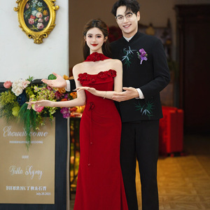 Red Strapless Mermaid Evening Gown With Floral Print Natural Waistline For Wedding Banquet And Coming Of Age Ceremony - Product Image 2