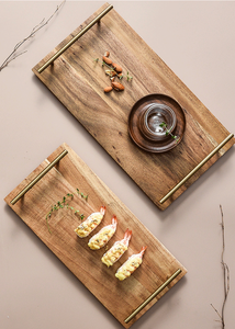 Bandejas rectangulares de lujo para servir en <span class=keywords><strong>madera</strong></span> de acacia con mango de metal a la venta - Product Image 3