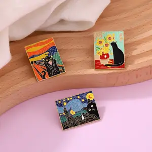 Brooch painting van gogh Quiet Starry Sky Moon Night brooch Oil Painting Enamel Pin Artist Friends Art Jewelry pins clothes gift