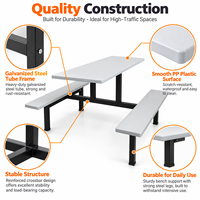 Ensemble table et banc de cantine intégrés contemporains 4 places, structure en métal noir thermolaqué, mobilier de salle à manger scolaire