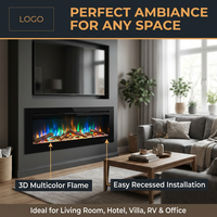 Cheminée électrique encastrée de 50 pouces avec flamme 3D, télécommande, cristaux et bûches, LED 12 couleurs, pour usage extérieur/hôtelier