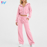 Ensemble de survêtement pour femme : sweat à capuche court zippé et pantalon large délavé à l'acide – Vente en gros personnalisée