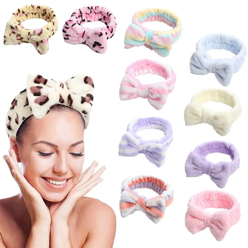 Face Makeup Hair Bands for Washing Face Shower Fluffy Coral Fleece Women Bow Facial Spa Headband