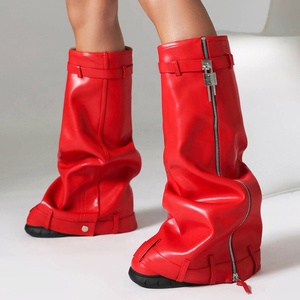 Wide Fit Big Size 48 Women <b>Round</b> <b>Toe</b> Overlay Shoes Lady Lock Shark Booties Cowgirls Zipper Thick Soles Knee High Boots - Product Image 3