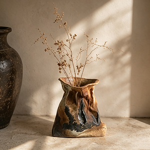 Vase en céramique fait main marbré aux tons terreux, forme sac froissé irrégulière, style Wabi Sabi, pour décoration de table ronde - Product Image 4