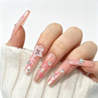 Uñas Postizas Largas en Forma de Ataúd con Pedrería Rosa Estrella, Personalizadas al por Mayor, con Logotipo OEM, Empaque de 24 Piezas, Reutilizables